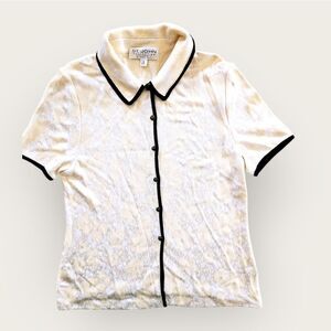 St. John Collection Short Sleeve Button Up Floral Cream Santana Knit Blouse 12